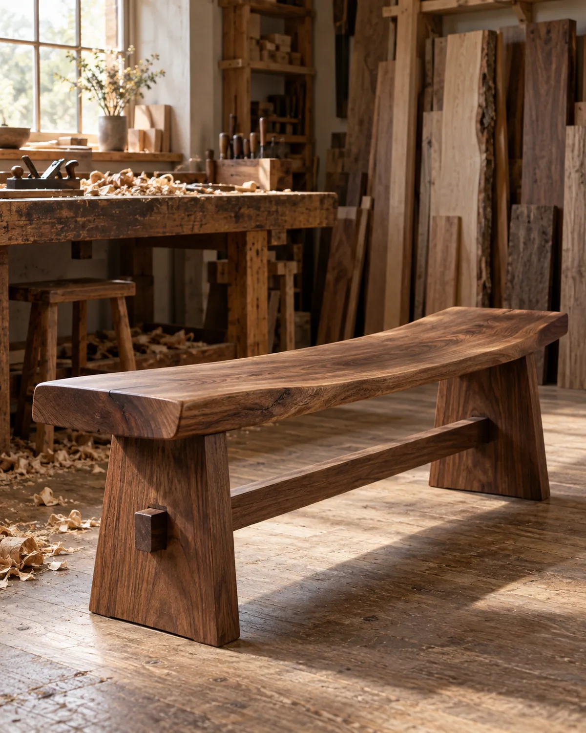 A walnut dining table in the workshop