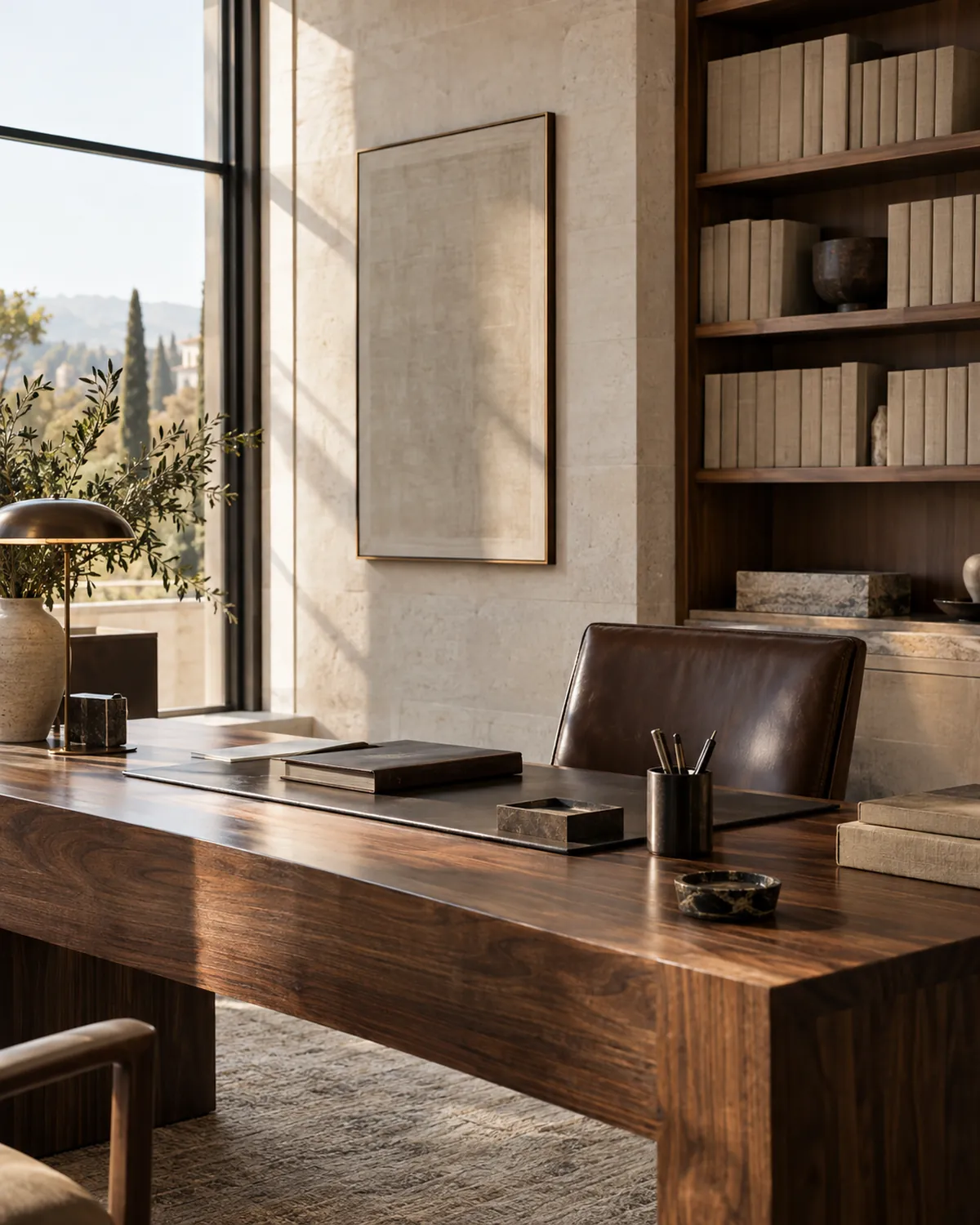 A quiet study with books and a wooden desk